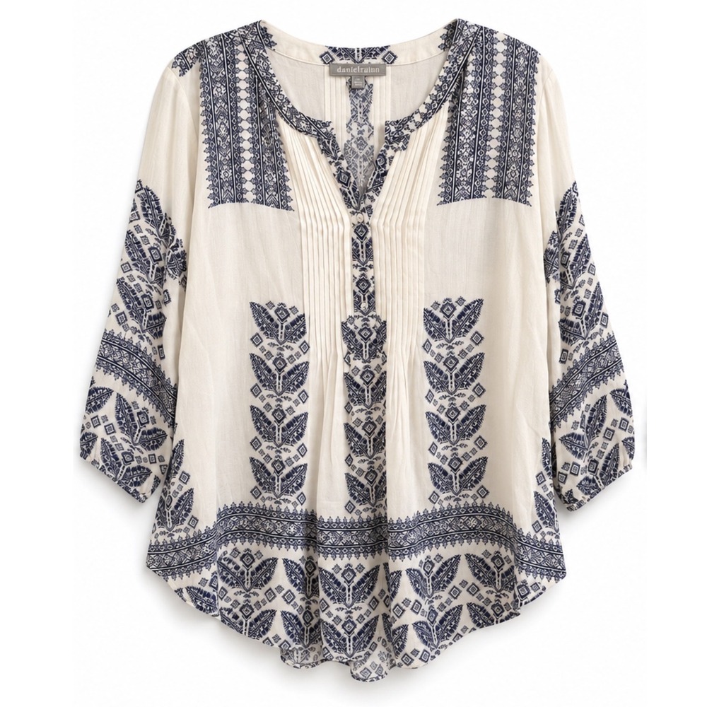 Daniel Rainn Ivory Navy Blue Boho Pintuck Pleated Peasant Blouse Top XL